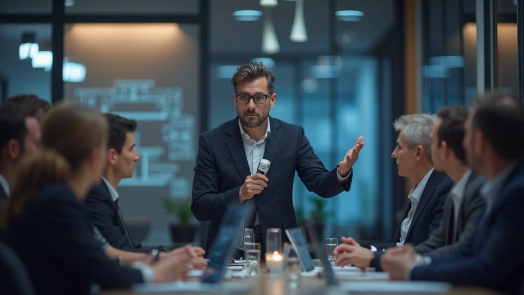 Профессиональный консультант проводит презентацию о цифровых инструментах управления информацией перед командой