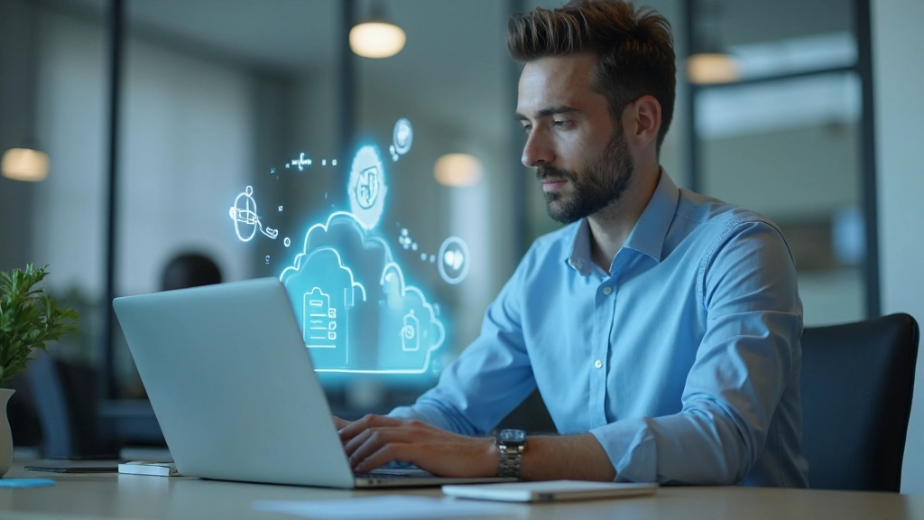 Специалист работает с облачным хранилищем на компьютере в офисе