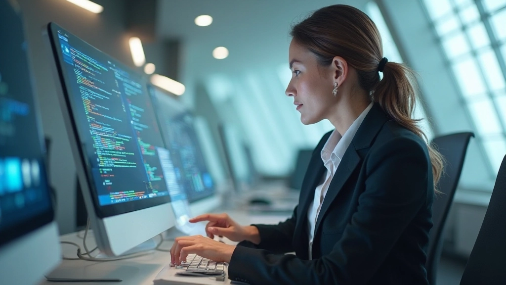 Специалист работает с облачным хранилищем на компьютере в офисе