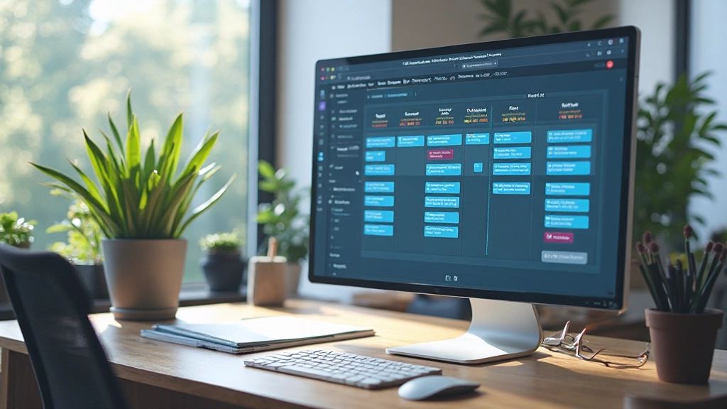 Монитор с открытым приложением для управления проектами, показывающим диаграмму Ганта и доску задач